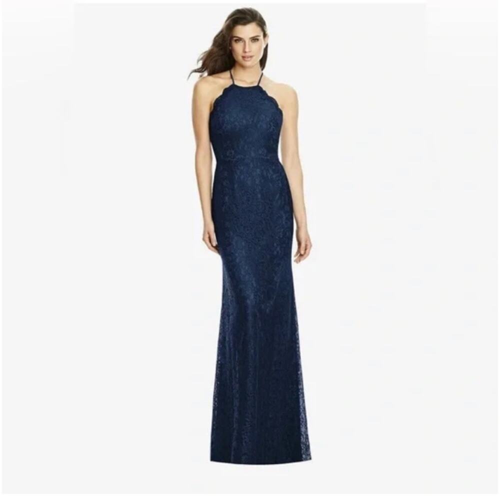 Dessy Collection NWT Halter Cross Back Lace Trumpet Midnight Dress Size 4